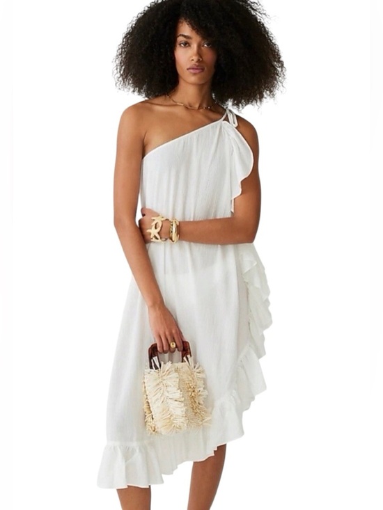 J. Crew Dresses & Skirts - J.Crew One Shoulder Ruffle Midi Dress White Resort Vacation Coverup Medium